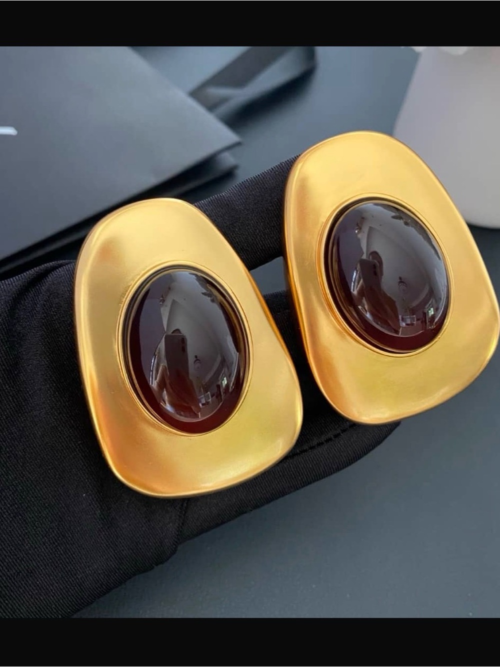 Gold-Tone Earrings with Brown Cabochon Center
